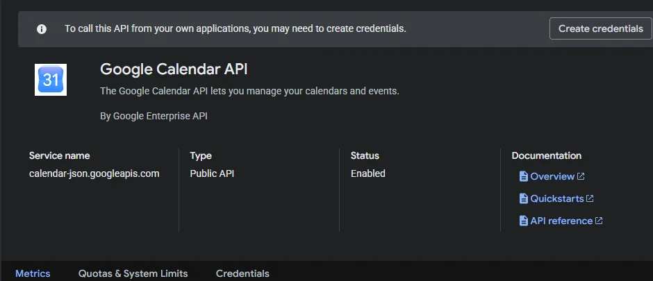 Google Cloud page showing the Google Calendar API enabled