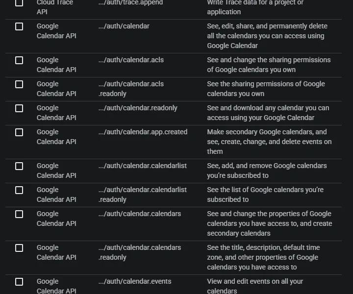 Google OAuth scope list showing calendar read-only among broader Calendar permissions