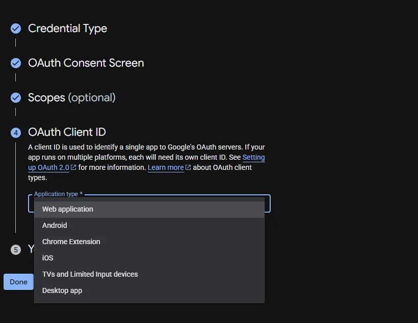 Google OAuth client type menu with Desktop app as an option