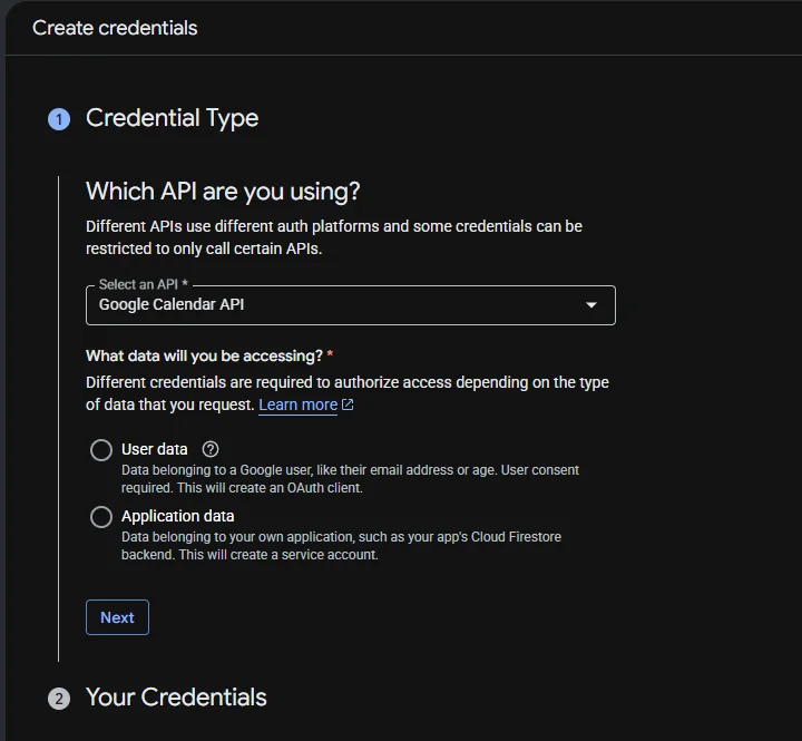 Google Cloud credential wizard offering User data and Application data